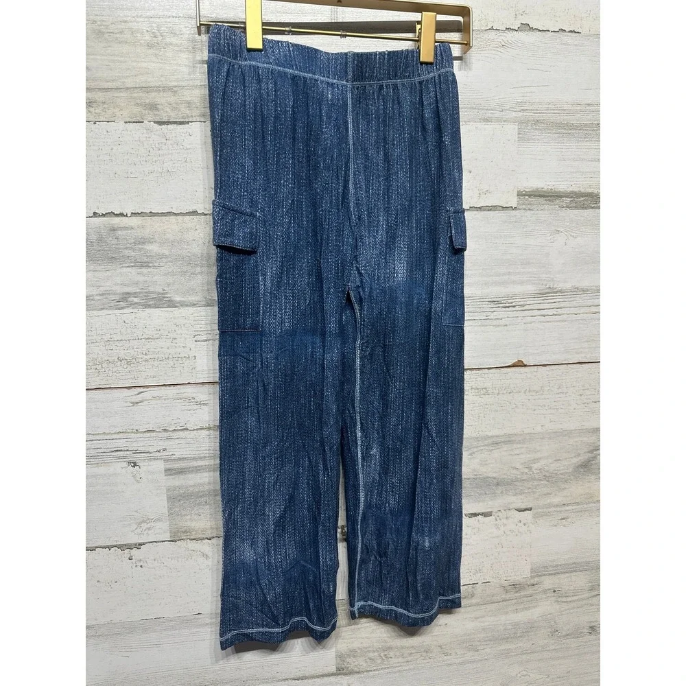 Kickee‎ Pants Cargo Bamboo Pants Boys 8 Blue Denim Print Elastic Waist NWT